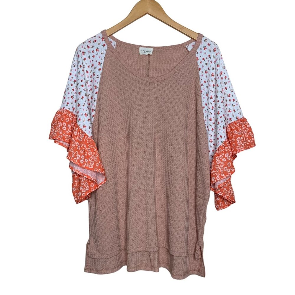 143 Story by Line Up Blouse Patch Mismatch Print Floral Orange Pink Top Size S